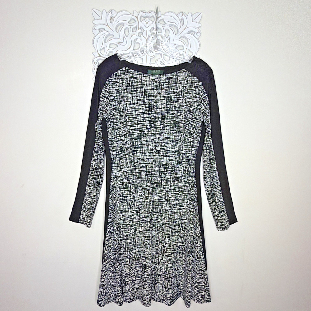 LAUREN Ralph Lauren Dress size 10 A-Line Long Sleeves Boat Neckline BLACK White
